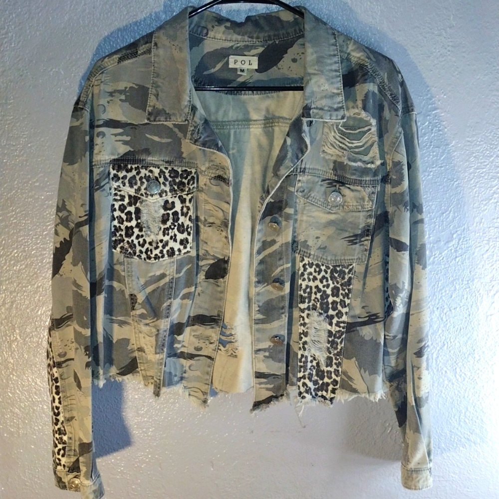 Camo and Leopard Print Distressed Denim POL Jacket M